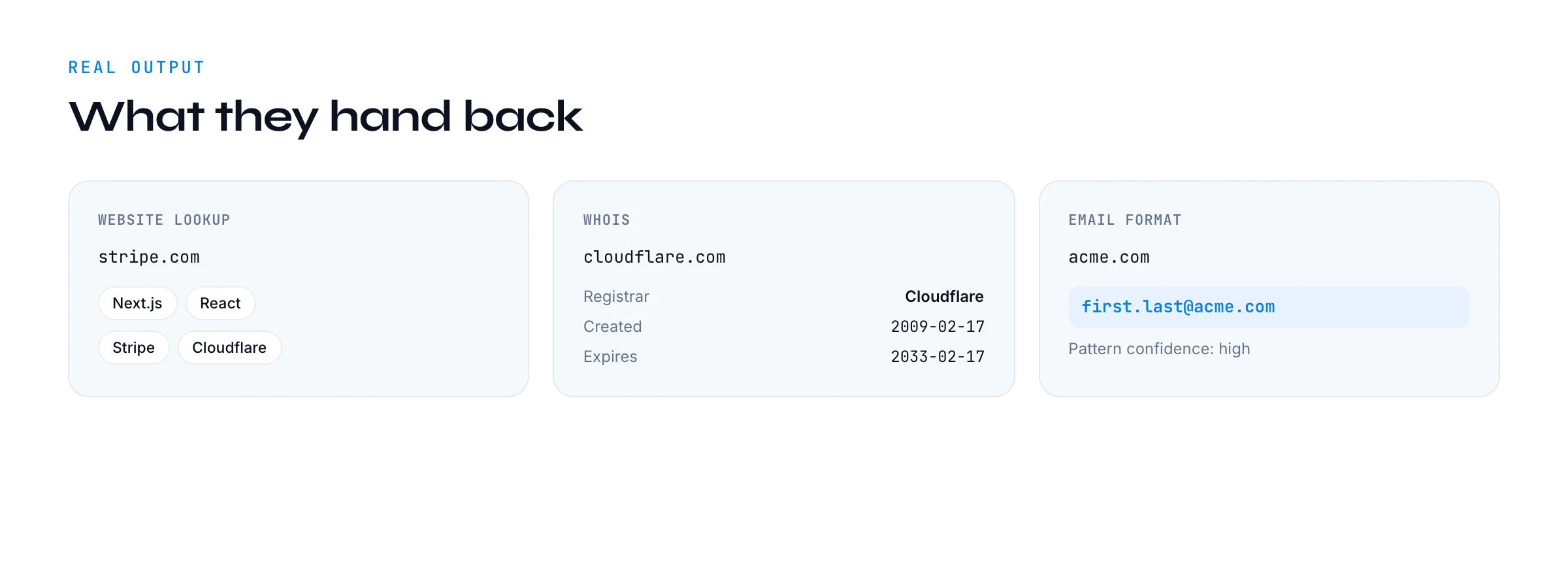 Sample output from three free tools: a website's tech stack, a WHOIS record, and a company email pattern.