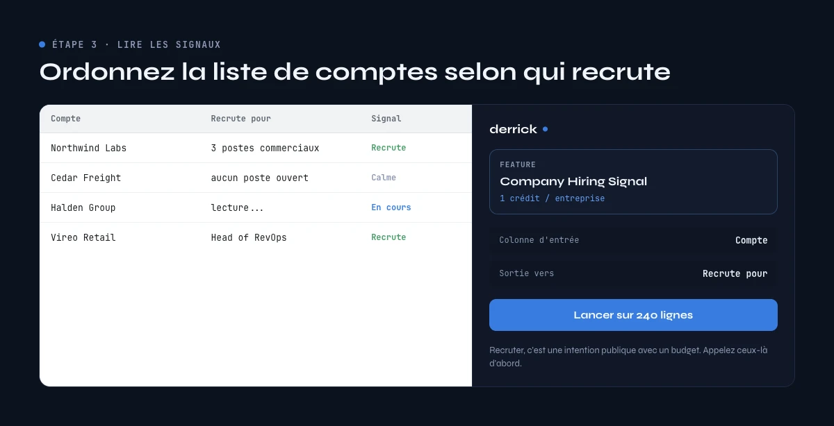 Outils IA de prospection : lire un signal de recrutement dans la sidebar Derrick