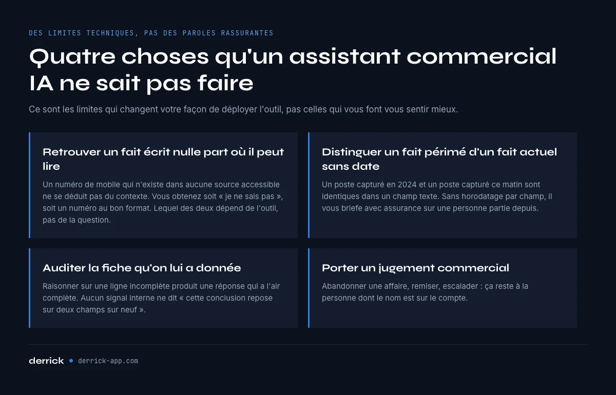Ce qu'un assistant commercial IA ne sait pas faire, quatre limites techniques