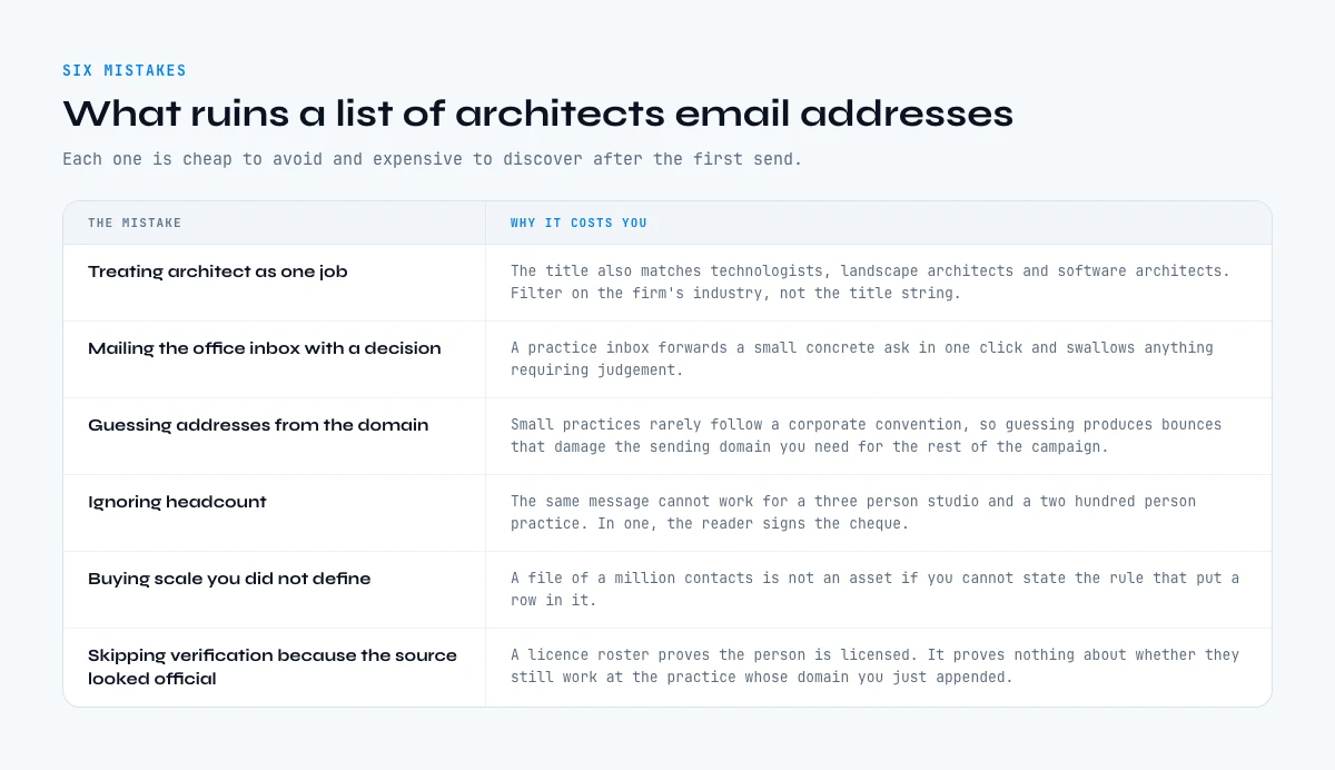 Six mistakes that ruin a list of architects email addresses