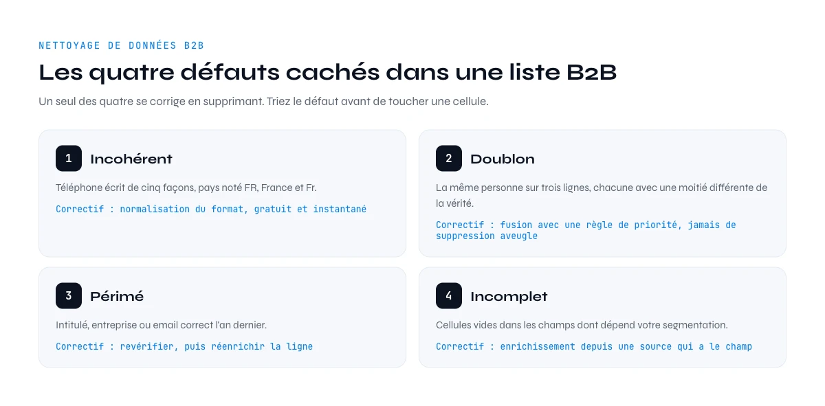 quatre defauts dans une liste pour le nettoyage de donnees B2B