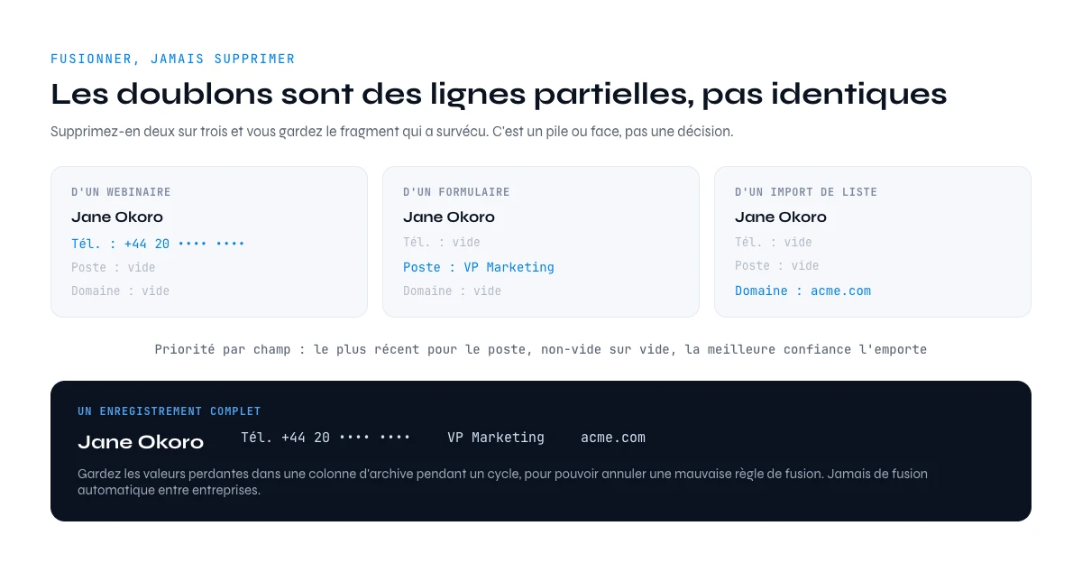 deduplication du nettoyage de donnees B2B fusion des lignes partielles