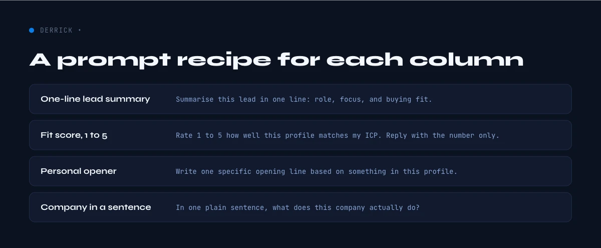 Ask Claude prompt recipes by spreadsheet column