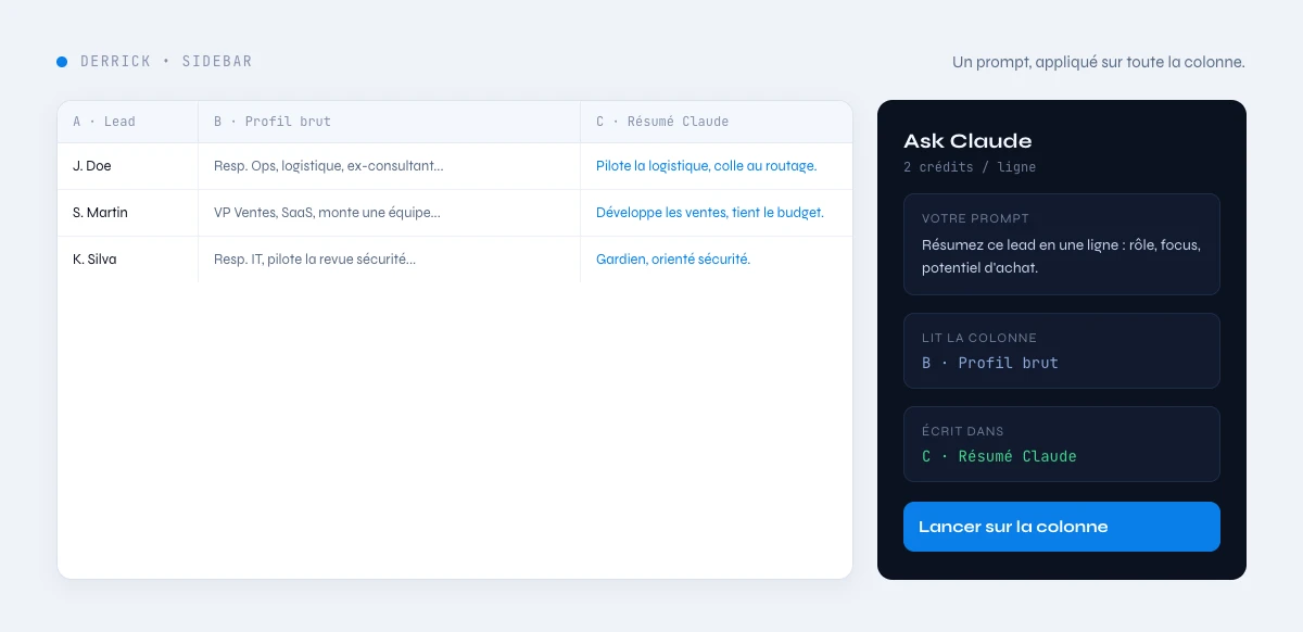 Ask Claude dans la sidebar Derrick pour Google Sheets
