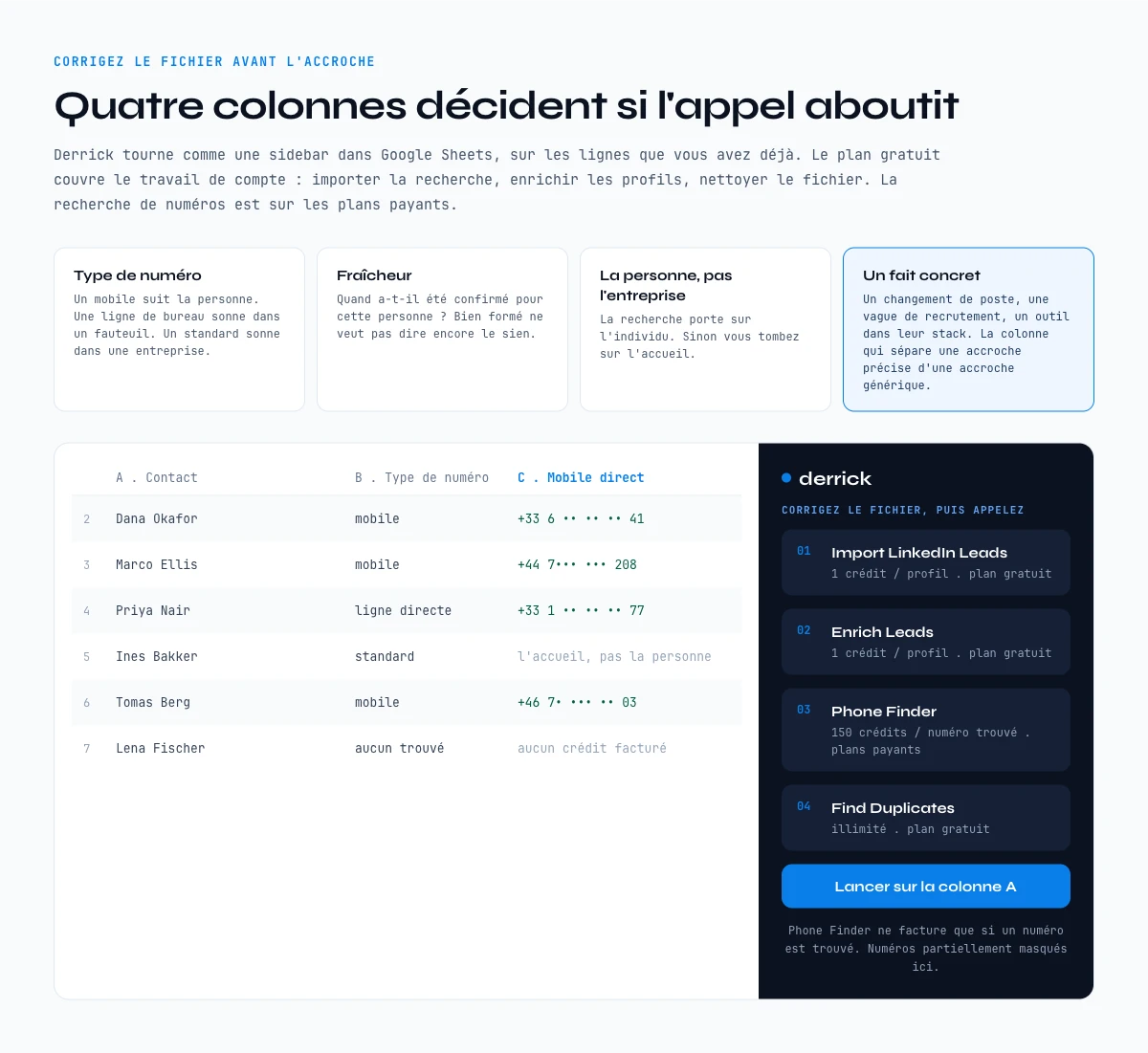 Les quatre colonnes de donnees qui decident si un appel de prospection aboutit, preparees dans une sidebar Google Sheets