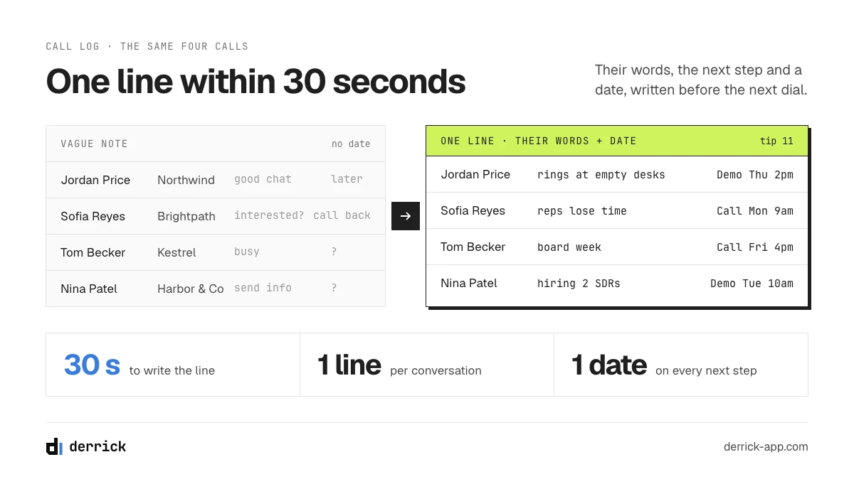 Cold calling tips for getting out of the call: one line in their words with the next step and a date