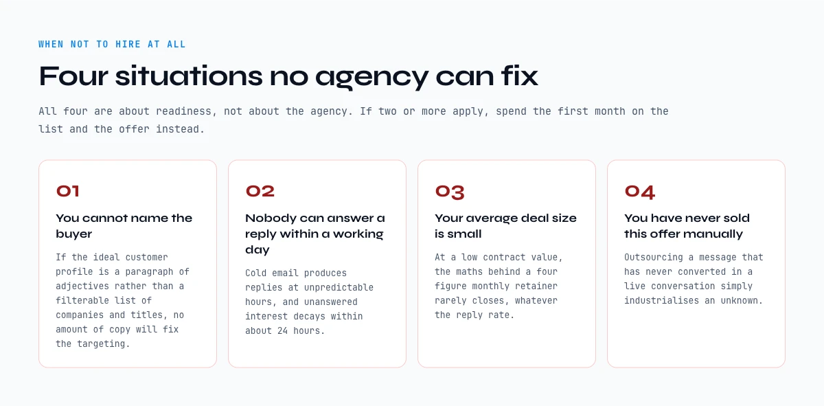 When you should not hire a cold email agency: four readiness situations