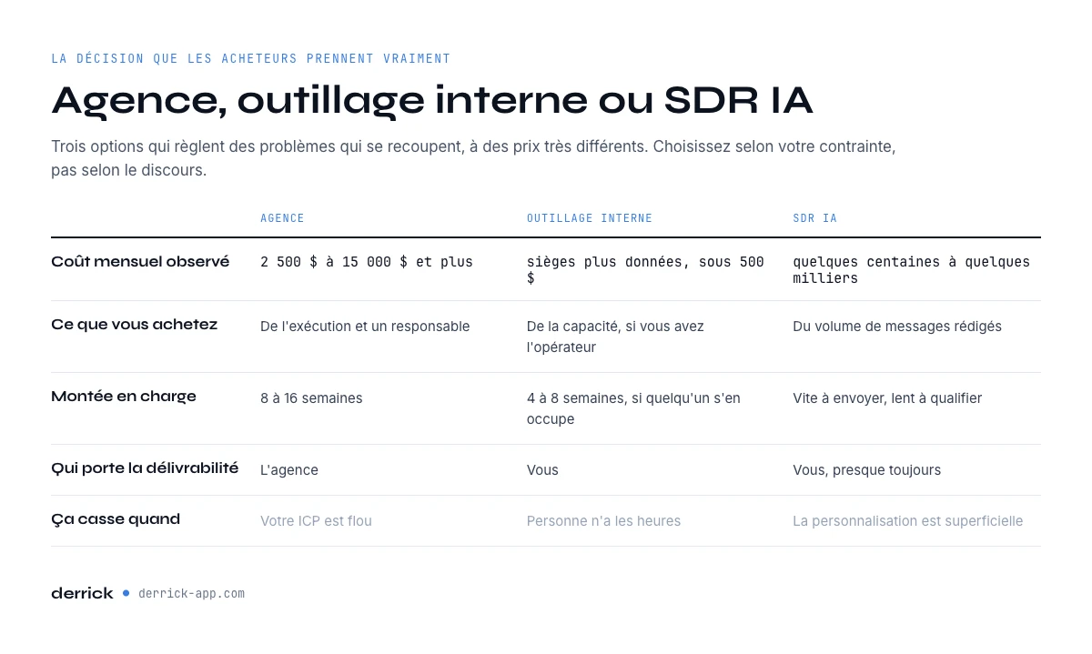 Agence cold email aux États-Unis face à l'outillage interne et au SDR IA