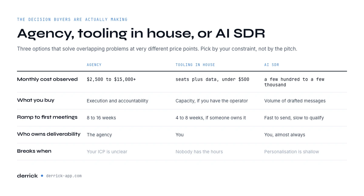 Cold email agency in the United States versus in house tooling versus AI SDR