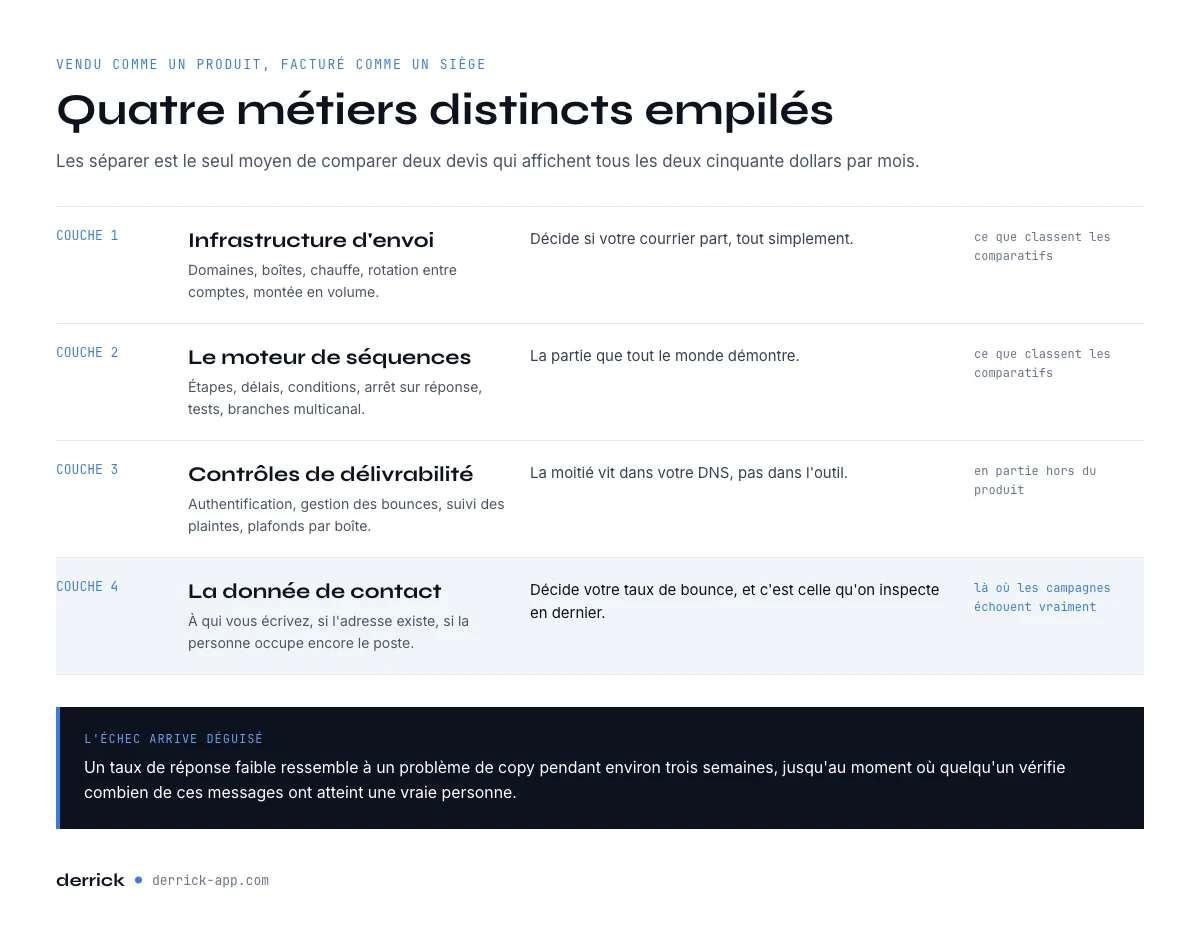 Les quatre couches d’un logiciel cold email que vous achetez vraiment
