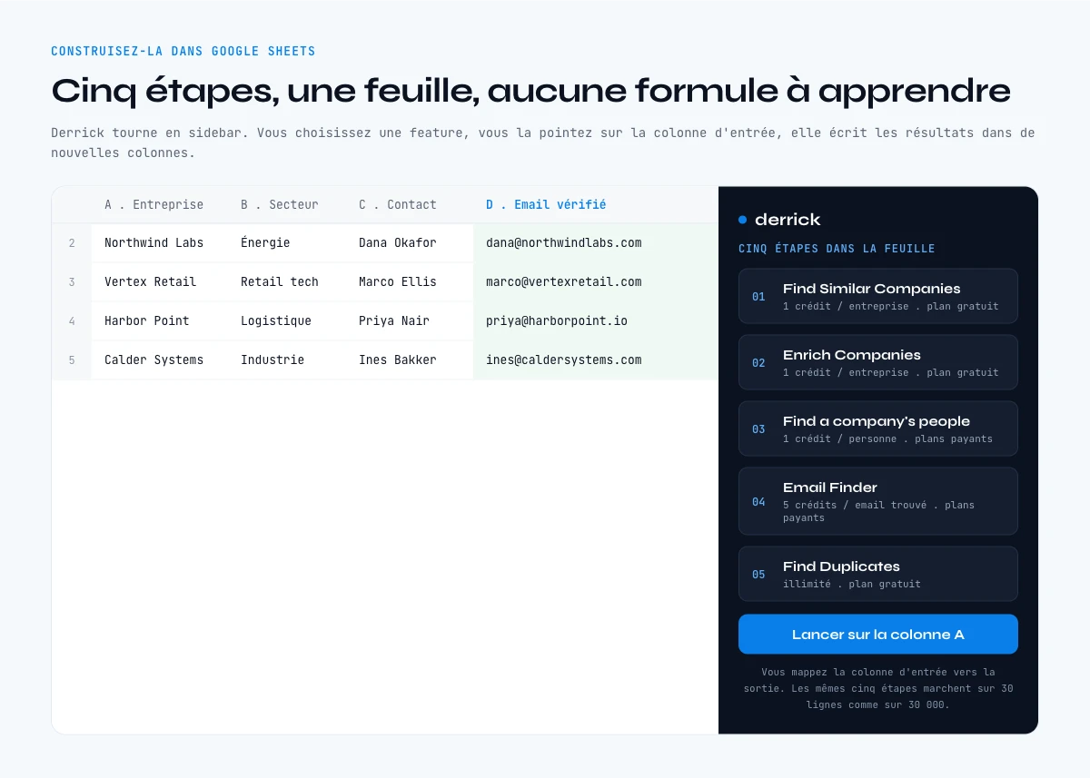 Construire une base de contacts entreprise dans Google Sheets avec la sidebar Derrick