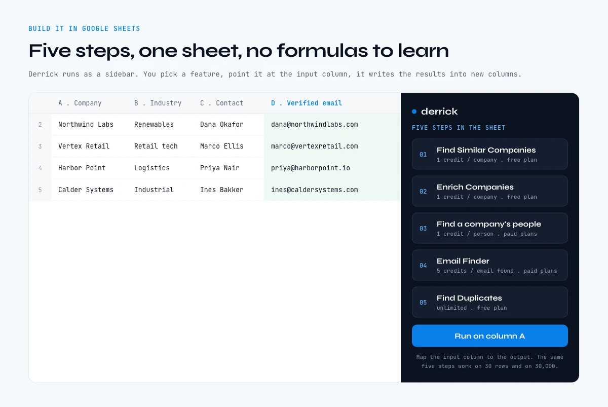 Building a company contact database in Google Sheets with the Derrick sidebar
