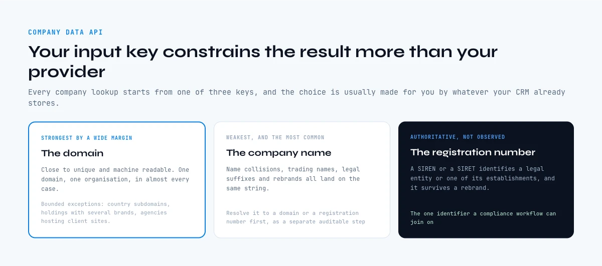 The three input keys a company data API can resolve from