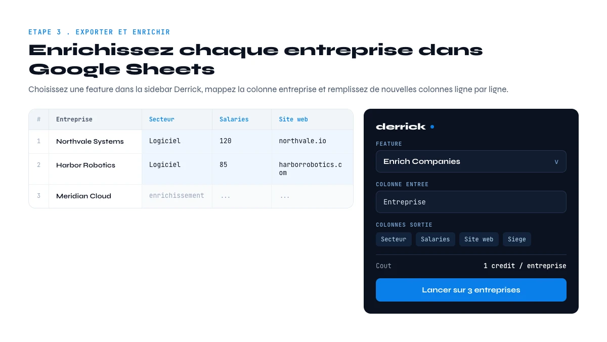 enrichir des entreprises dans Google Sheets avec la sidebar Derrick
