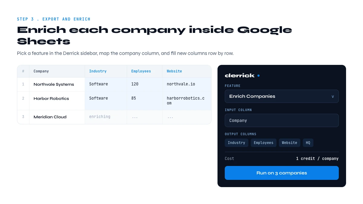 enrich companies in Google Sheets with Derrick sidebar