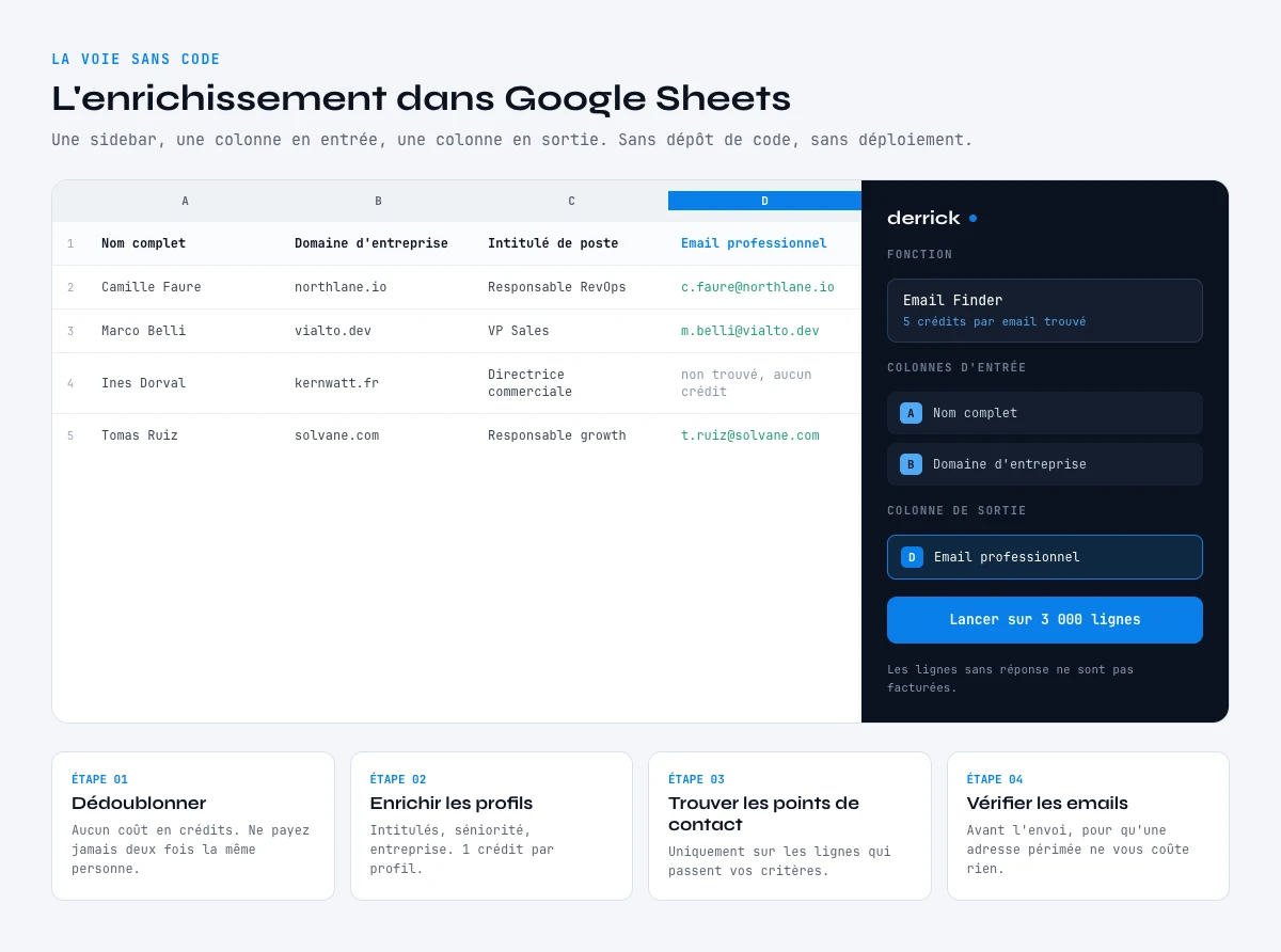 Enrichissement de contact sans API : la sidebar Derrick enrichit une liste dans Google Sheets