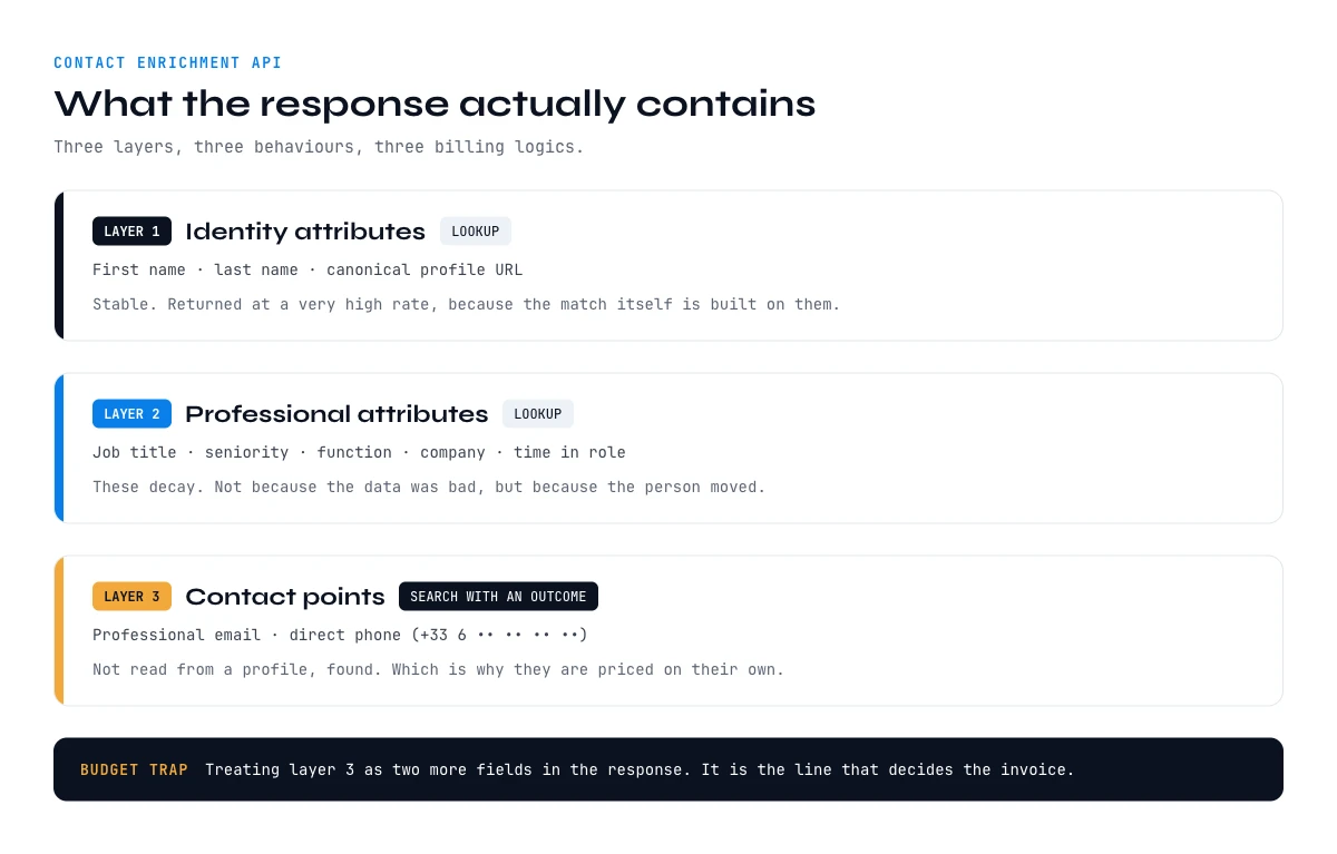 Contact enrichment API response: identity, professional and contact point layers