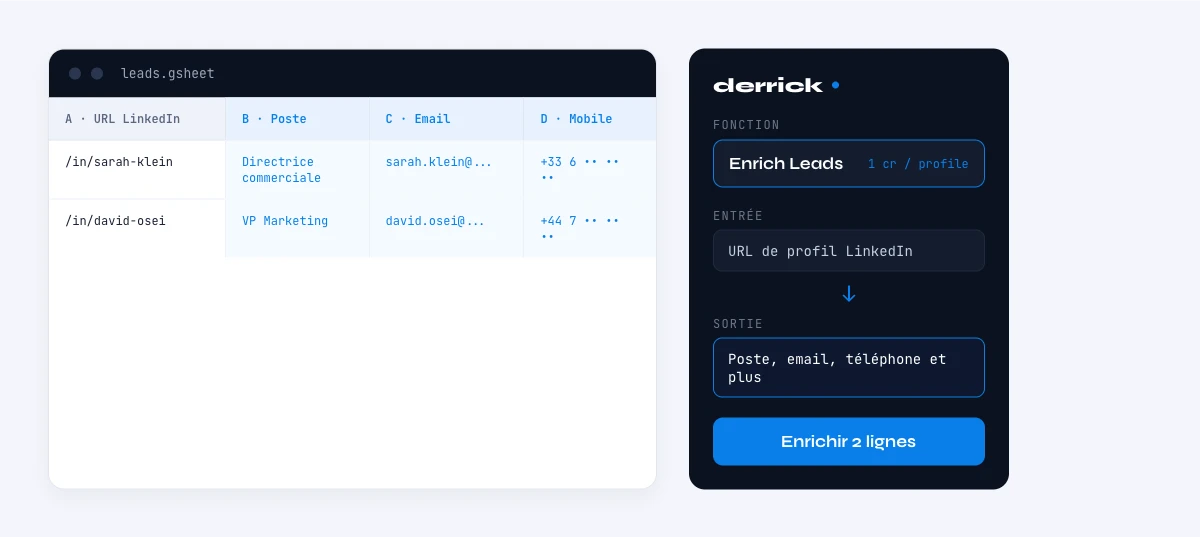 enrichir les attributs contact dans Google Sheets avec Derrick