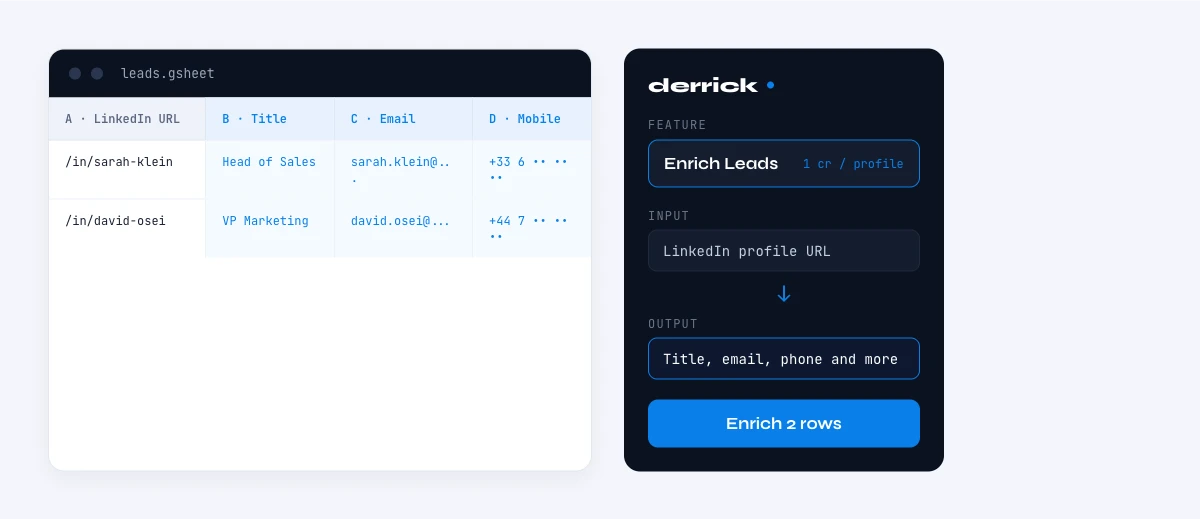 enrich contact attributes in Google Sheets with Derrick