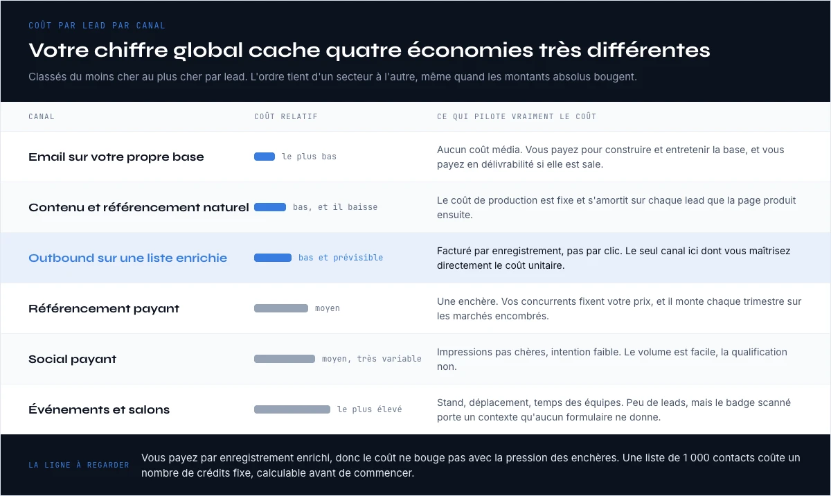 Coût par lead par canal, de l'email sur base propre aux salons