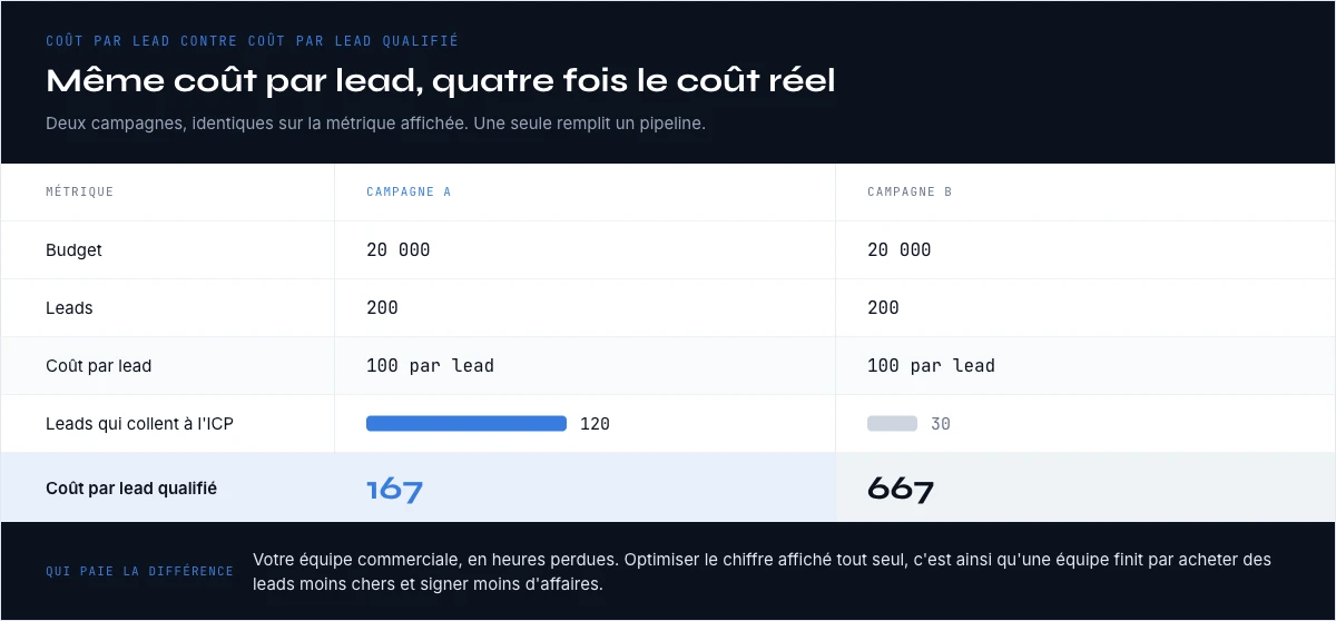 Coût par lead contre coût par lead qualifié sur deux campagnes