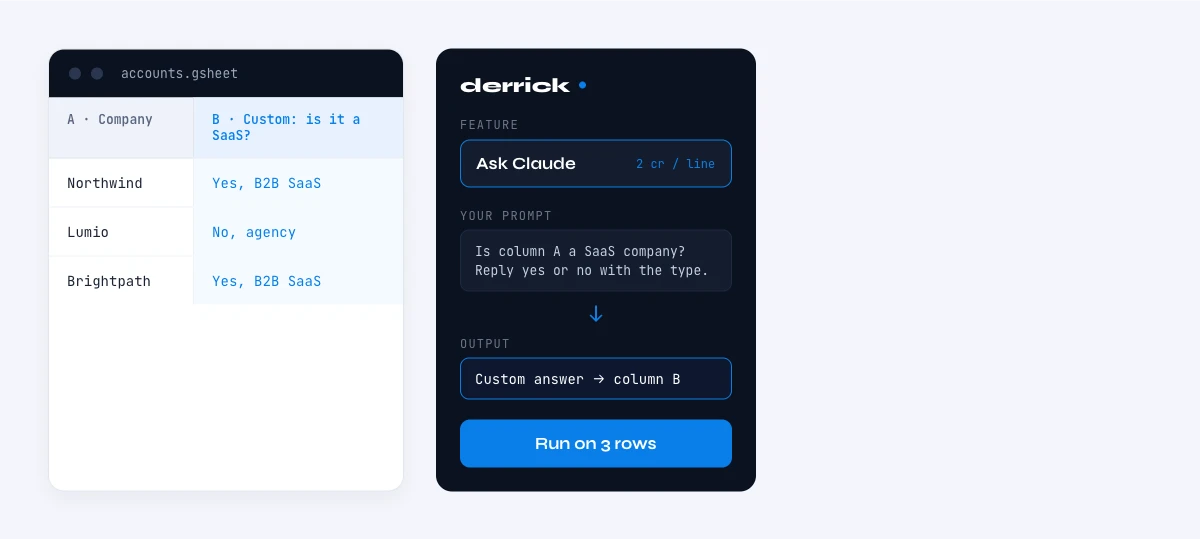 create custom attributes in Google Sheets with Derrick