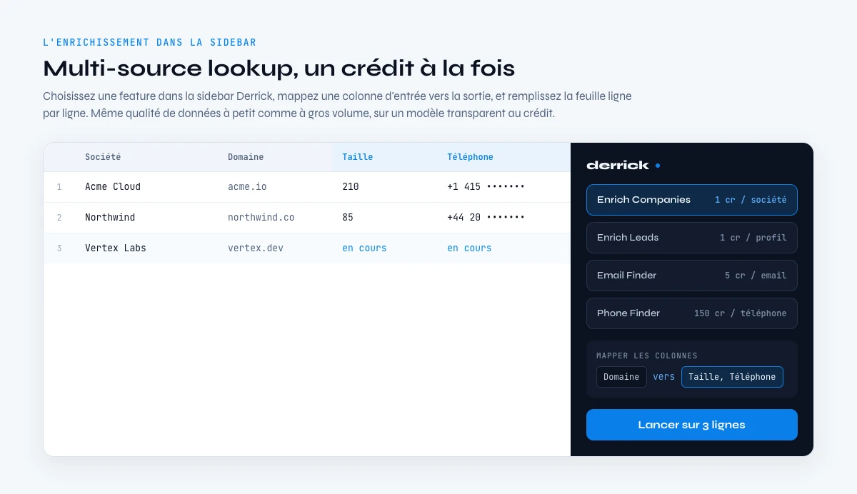 API d'enrichissement de données multi-source lookup dans la sidebar Derrick