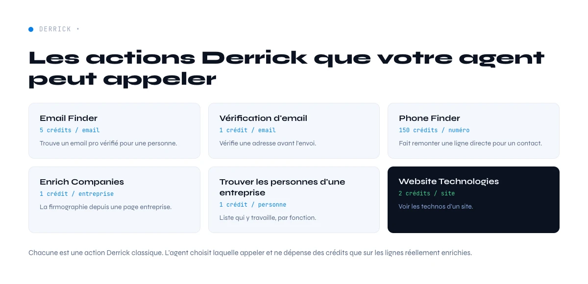 actions Derrick MCP qu'un agent IA peut appeler pour enrichir la donnee B2B