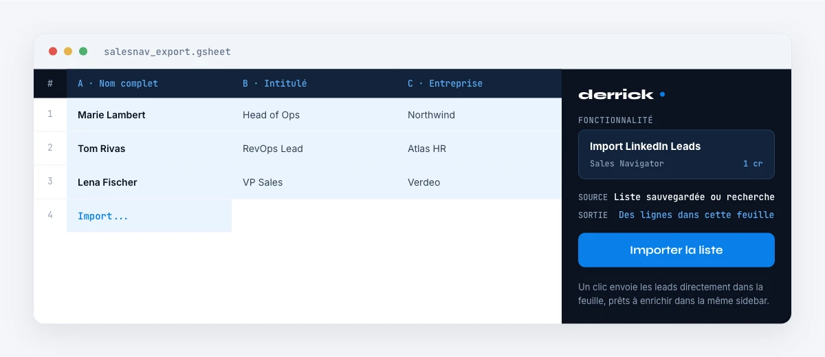 exporter des leads Sales Navigator vers Google Sheets avec Derrick