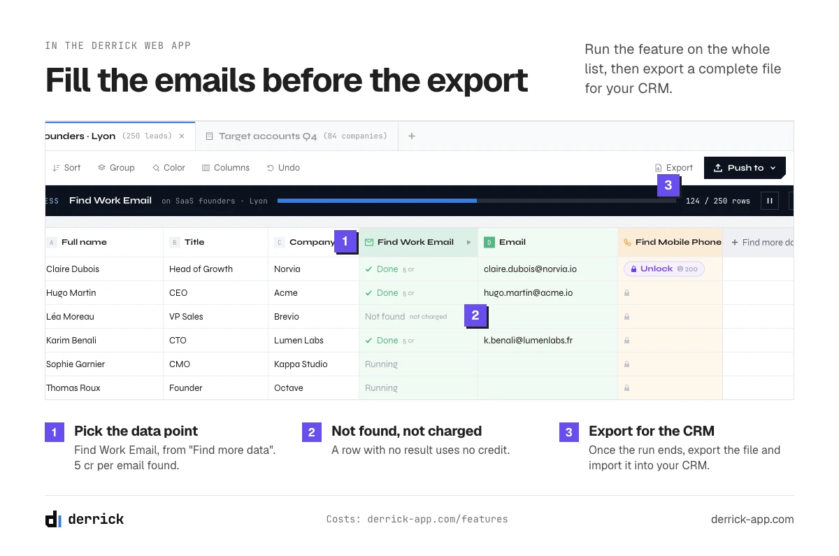 Enrich the list in the Derrick web app before the CRM integration