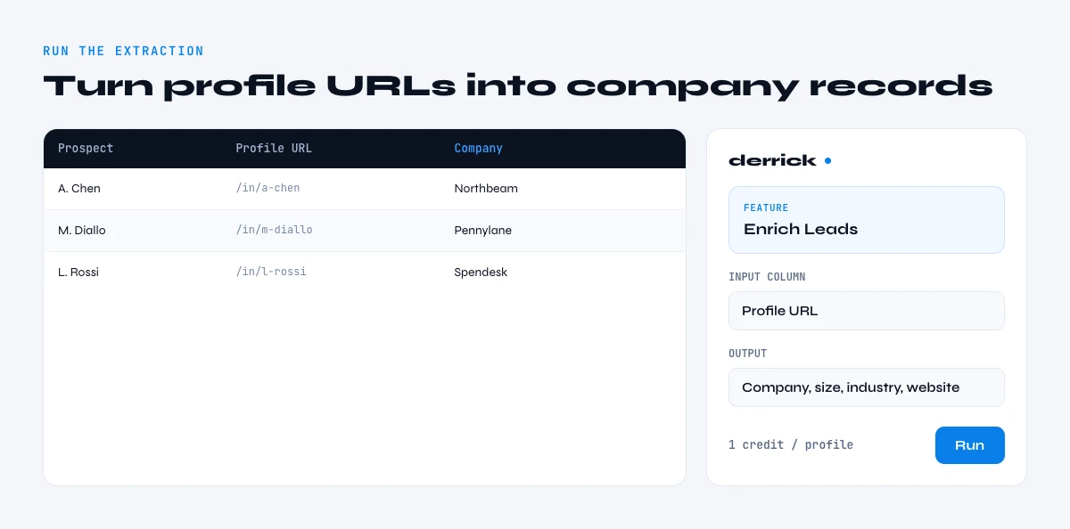 extract company info from LinkedIn profile URL with Derrick
