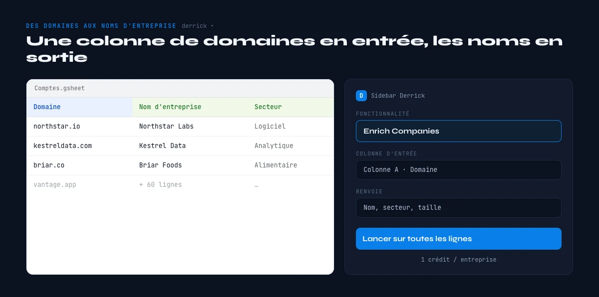 trouver les noms d'entreprise depuis les domaines à l'échelle dans Google Sheets avec Derrick