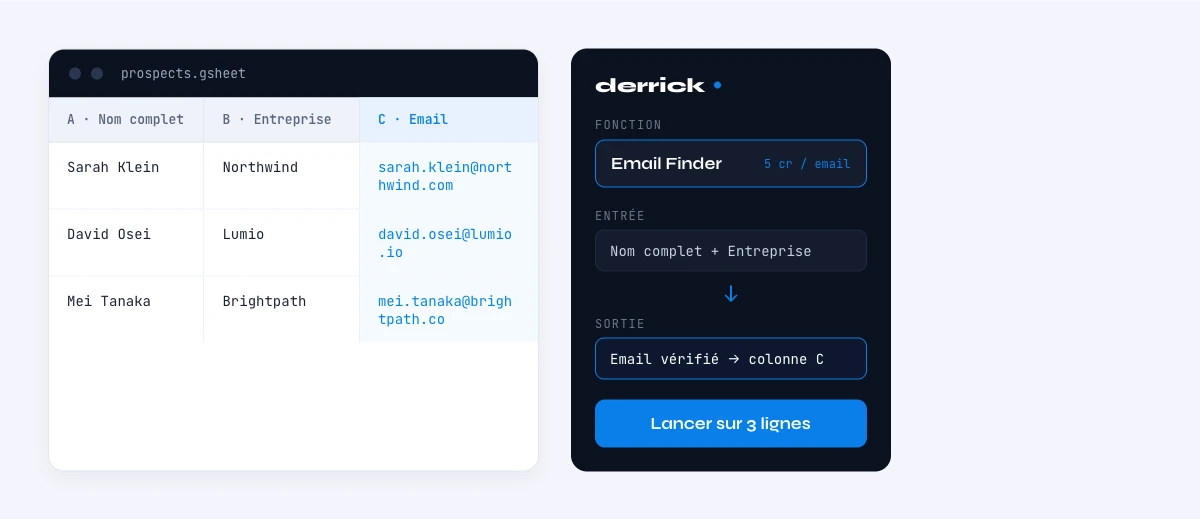 outil email finder dans la sidebar Derrick