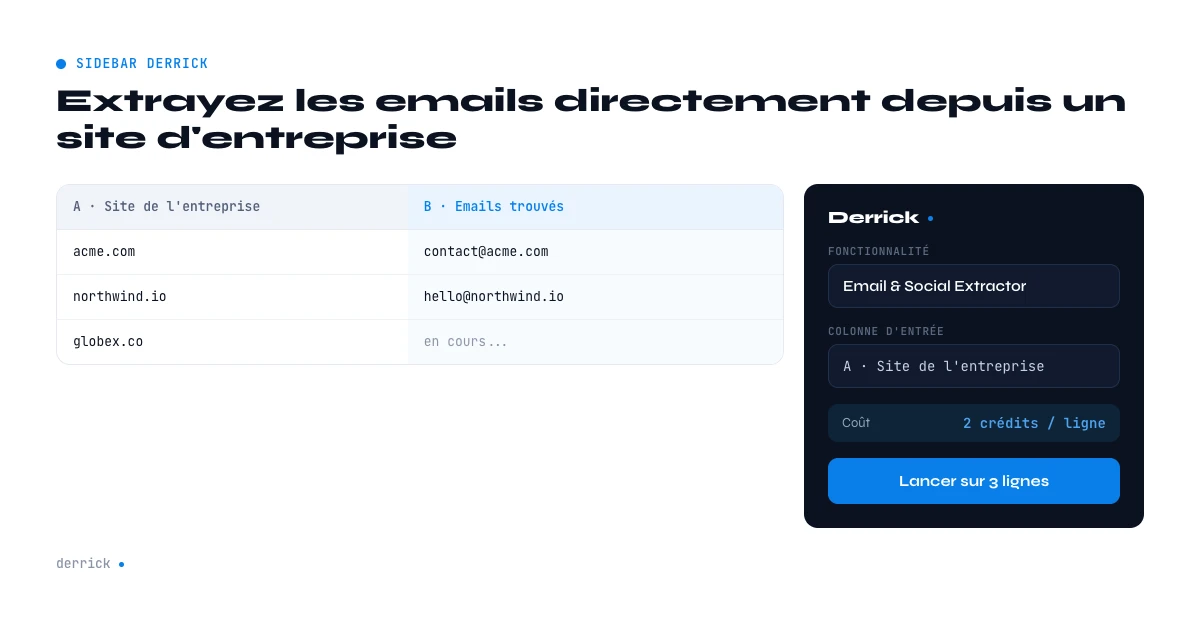 extraire l'email de contact d'une entreprise depuis un site dans la sidebar Derrick