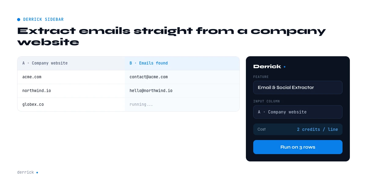 extract company contact email from a website in the Derrick sidebar