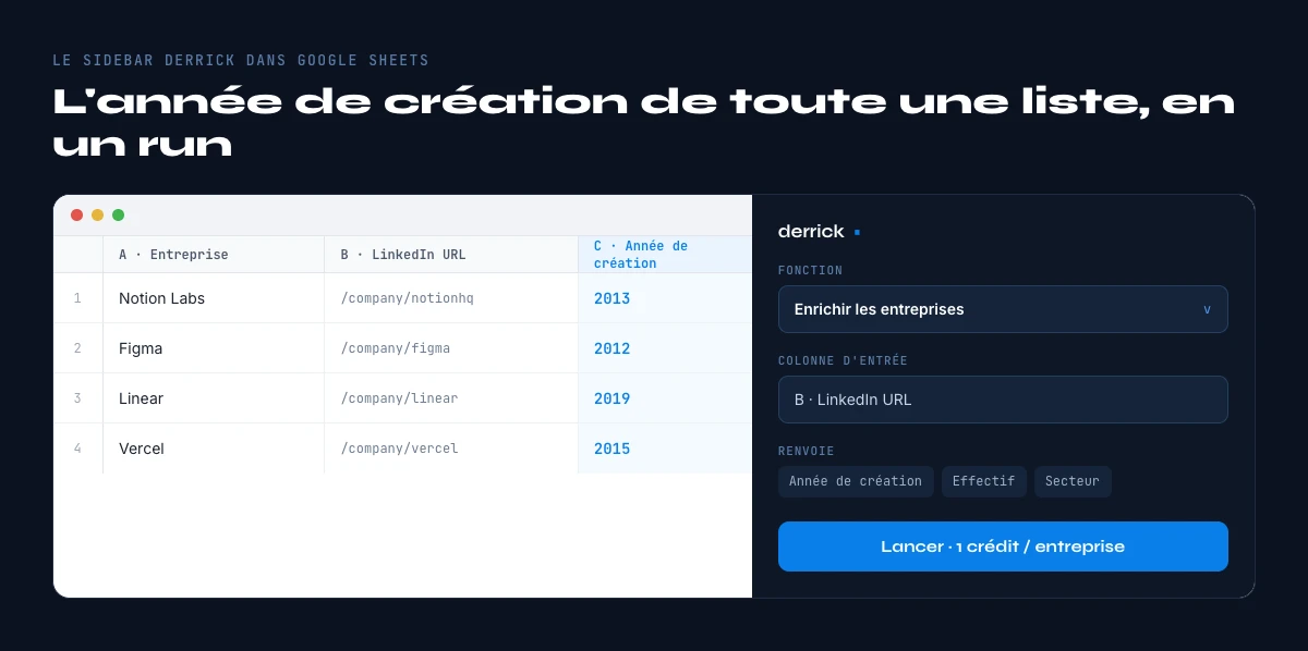 trouver l'annee de creation d'une entreprise dans Google Sheets avec Derrick