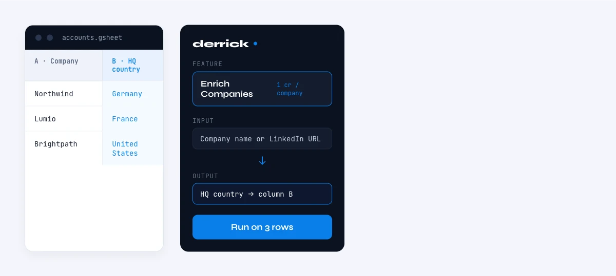 find company country in Google Sheets with Derrick
