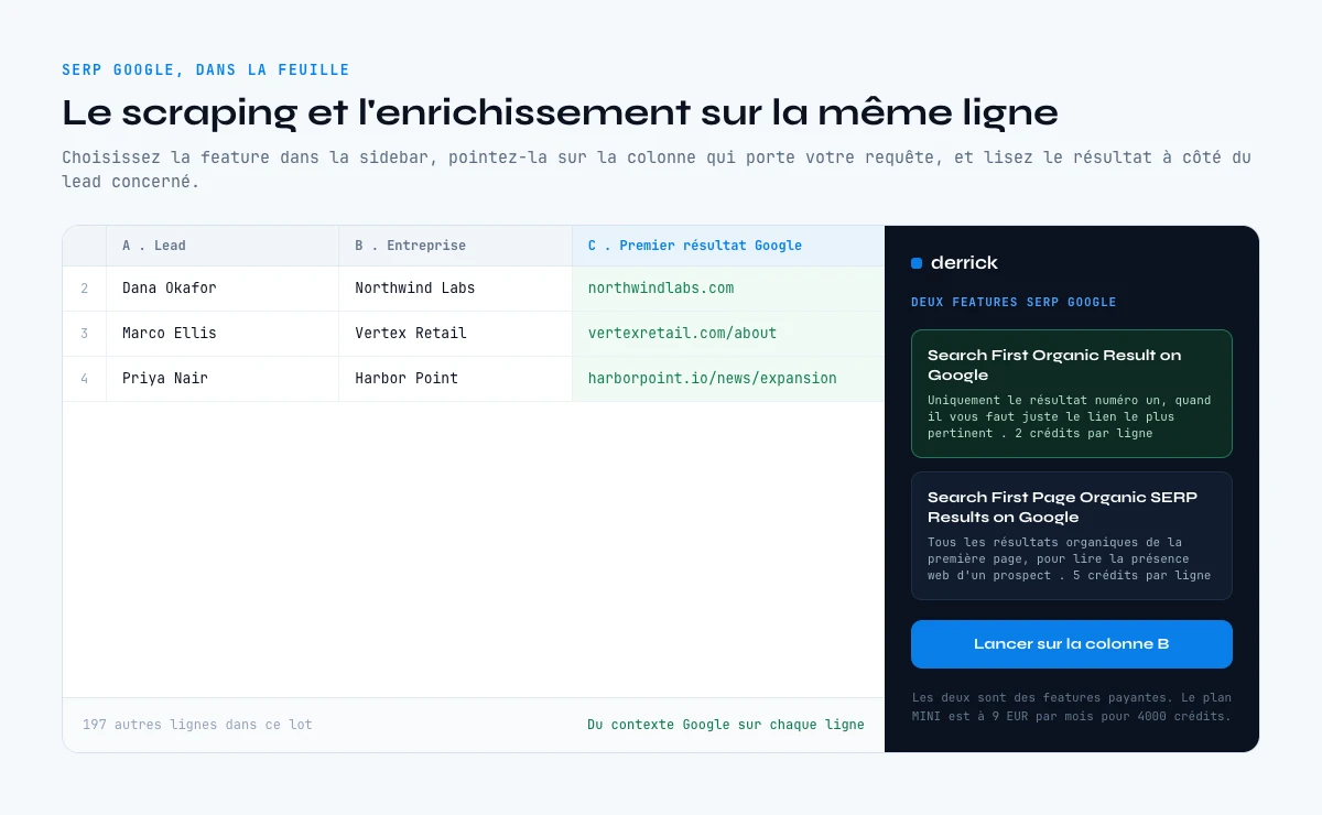 Scraping SERP Google et enrichissement sur la même ligne dans Google Sheets