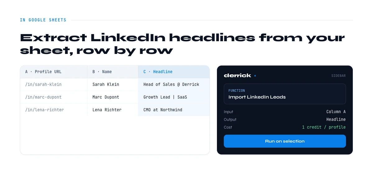 extract LinkedIn headlines in Google Sheets with Derrick