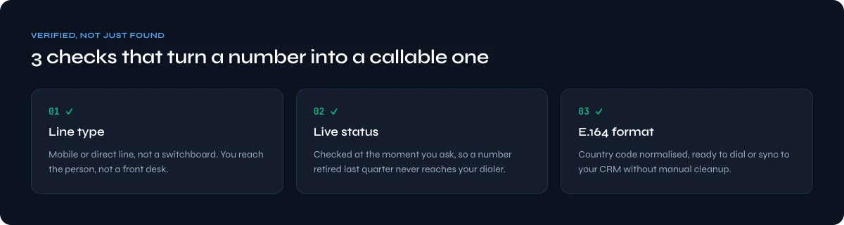 Three checks that make a B2B phone number callable: line type, live status and E.164 format