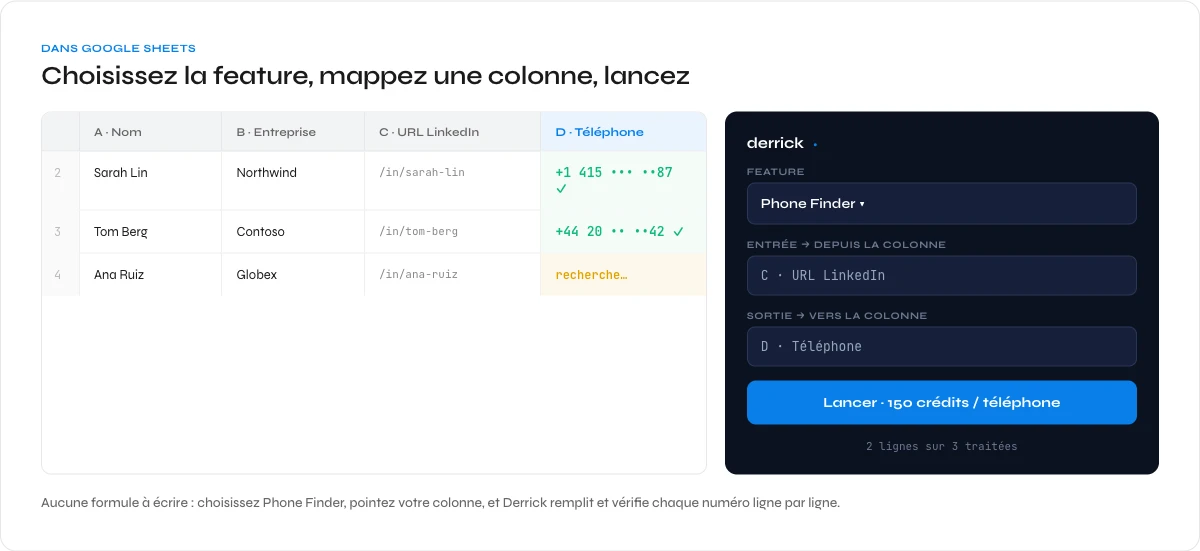Trouver des numeros B2B en masse dans Google Sheets avec la sidebar Phone Finder de Derrick