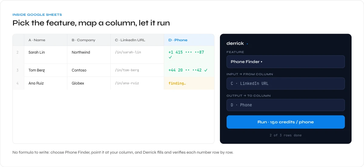 Finding B2B phone numbers in bulk in Google Sheets with the Derrick Phone Finder sidebar