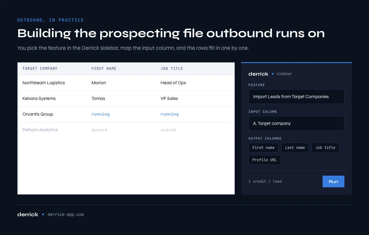 Building a prospecting file for outbound marketing in the Derrick sidebar