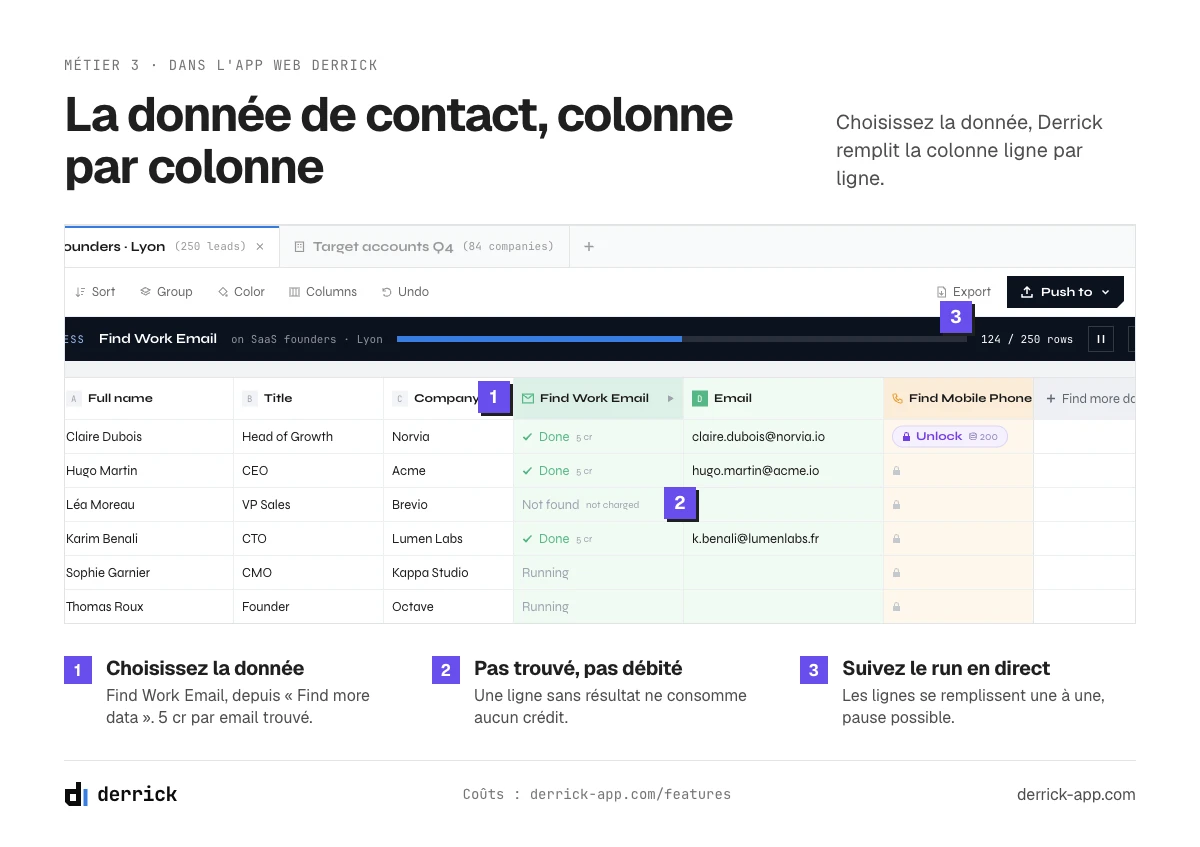 Outils de génération de leads pour la donnée de contact : la colonne email remplie dans l'app web Derrick