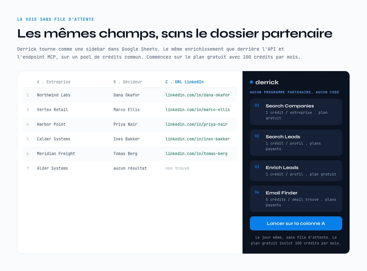 Obtenir des donnees de type API LinkedIn sans dossier, enrichies depuis une sidebar Google Sheets