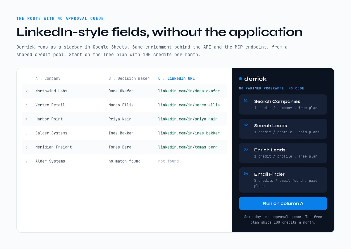 Getting LinkedIn API style data without an application, enriched from a Google Sheets sidebar
