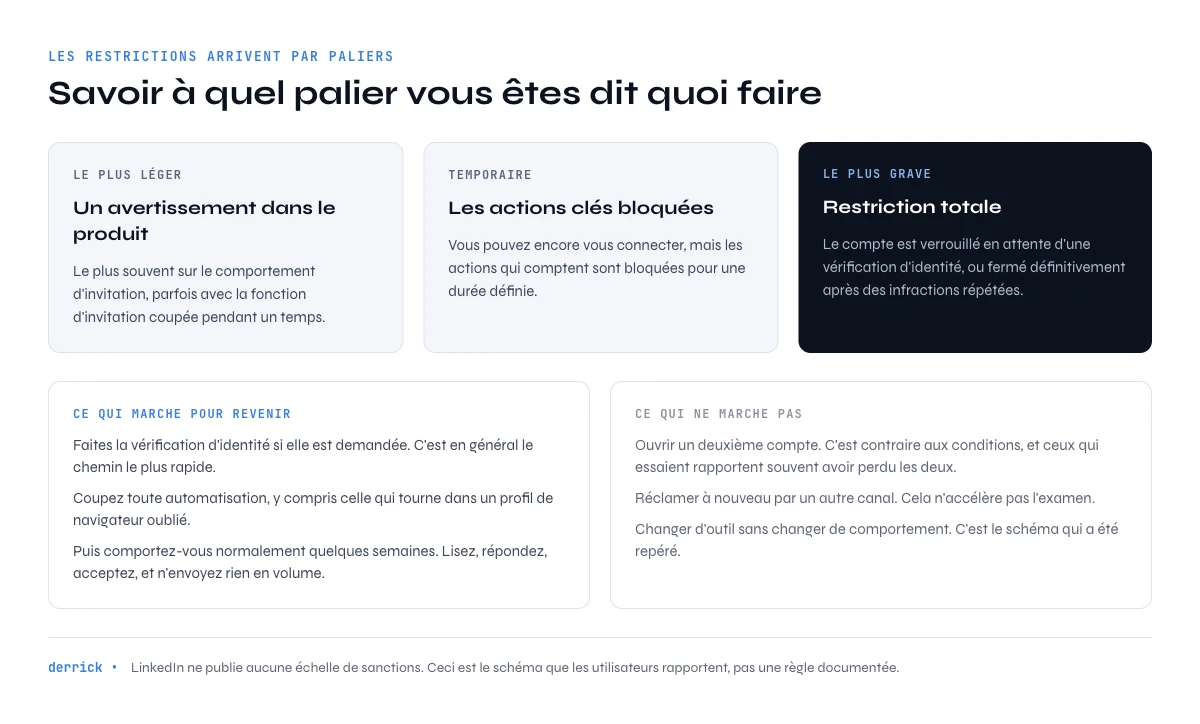 paliers de restriction d'un compte LinkedIn et comment revenir