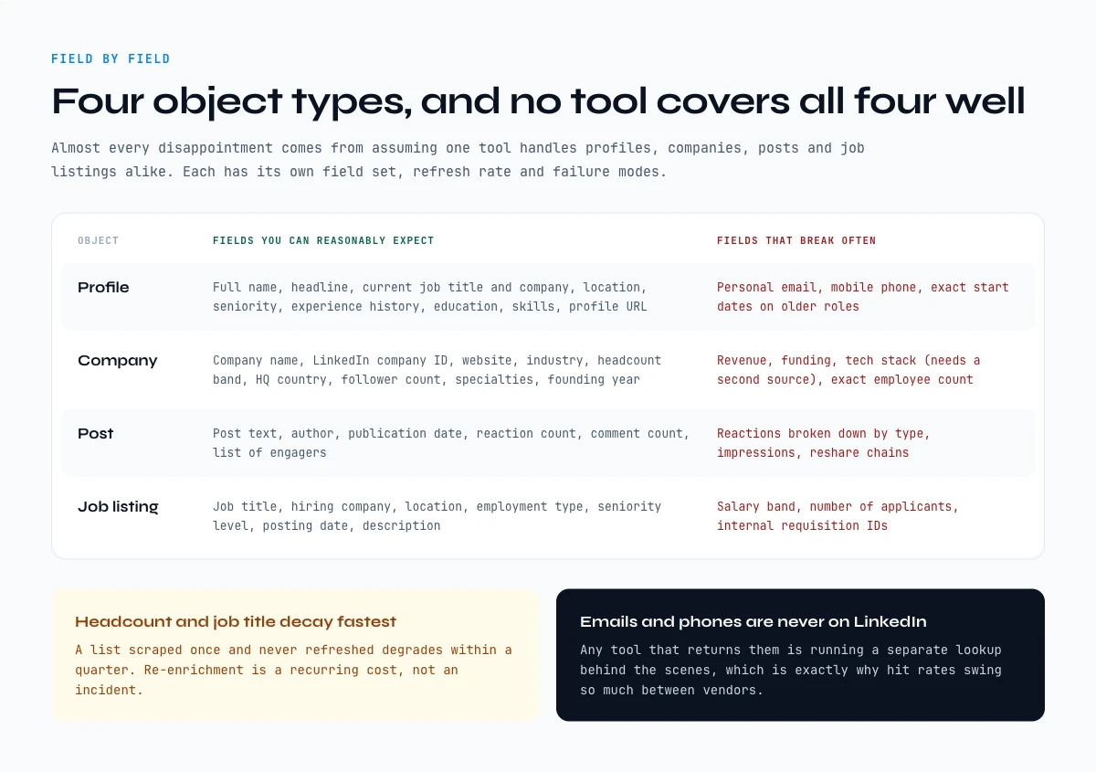What a LinkedIn scraper actually extracts field by field, across four object types