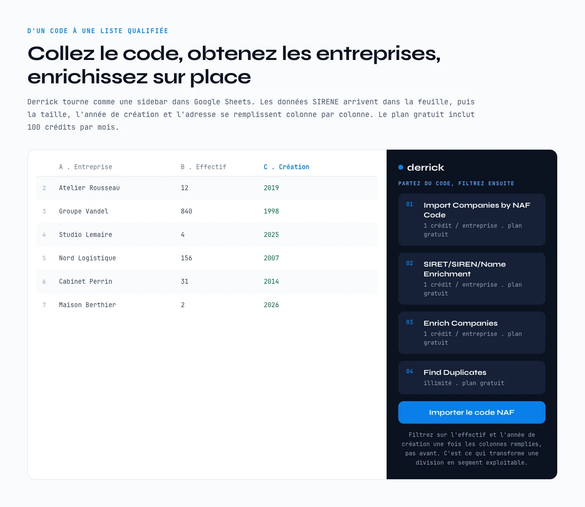 D’un code NAF a une liste de prospects qualifies, enrichie dans une sidebar Google Sheets