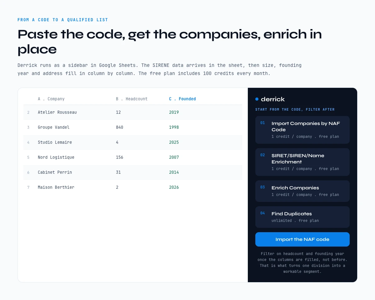 From a NAF code to a qualified prospect list, enriched in a Google Sheets sidebar